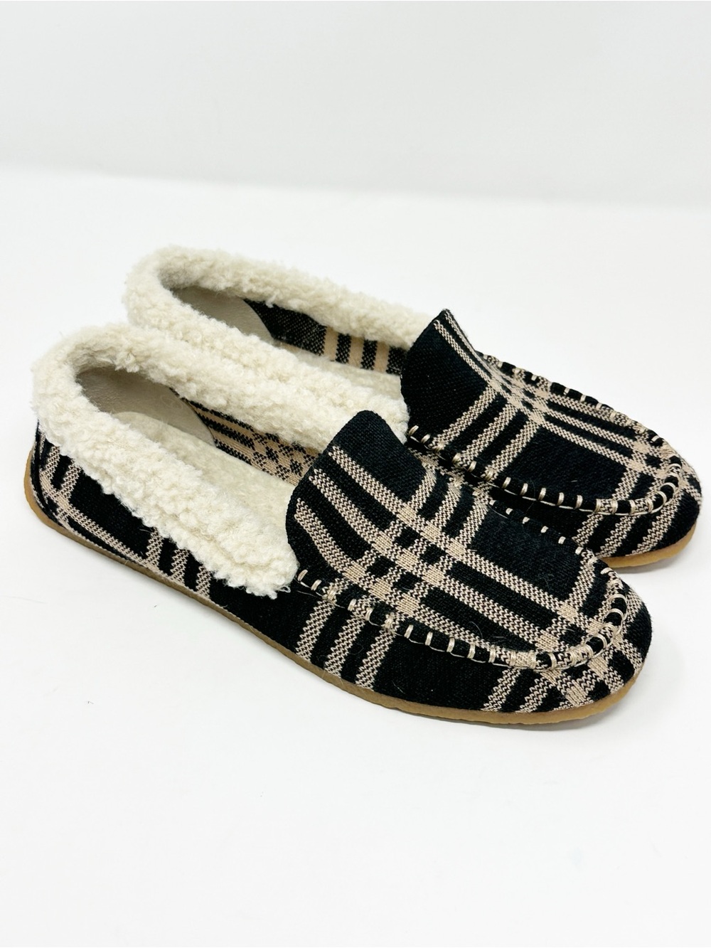 Rothy’s The Slipper Black Camel Plaid Loafer Sherpa Lined Merino Wool Size 7